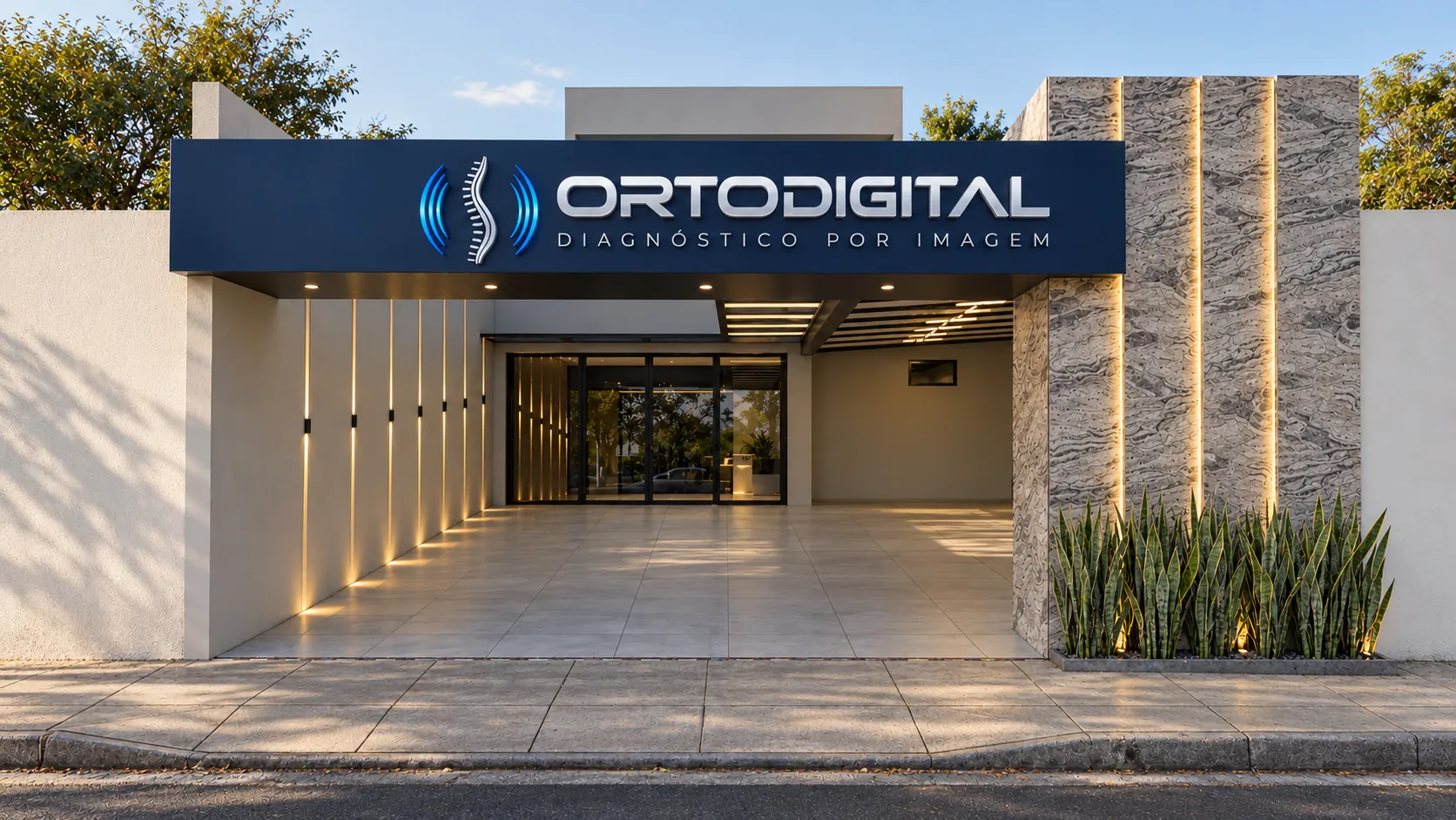 Fachada da clínica Ortodigital com o letreiro da marca e a garagem coberta